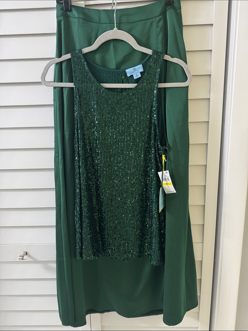 Green Sequin Tank in M and Satin Skirt in L